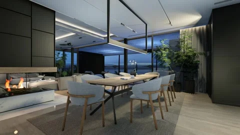 4K video of modern cozy interior with livstair and kitchen in night Stock Footage 240399002
