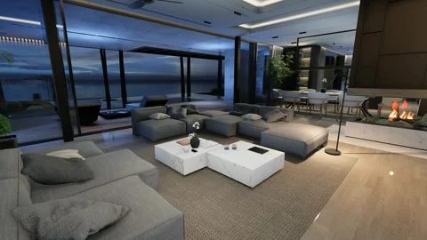 4K video of modern cozy interior with living, stair and kitchen in night Video stock 240834895