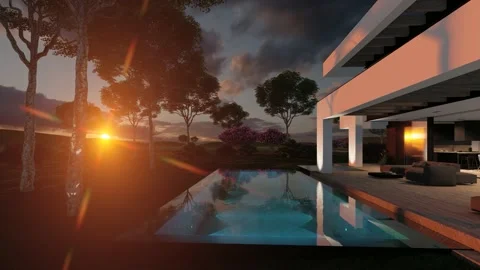 4K video of modern house in luxurious style sunset evening Stock Footage 233084792