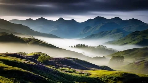 4K Video Mountain Valley Enveloped in Soft Morning Mist at Sunrise Stock Footage 332156800