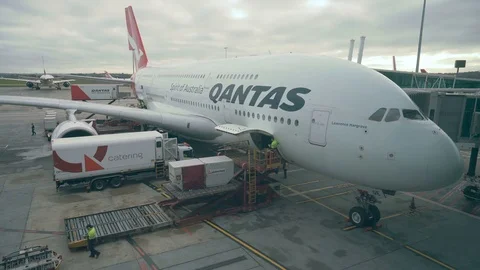 4k video of Qantas A380 airplane docked at Melbourne Airport Stock Footage 80467623