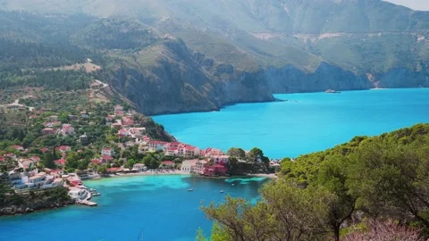 4k video. Red roofs of tranquile Assos village in mediterranean vegetation Stock Footage 201152750