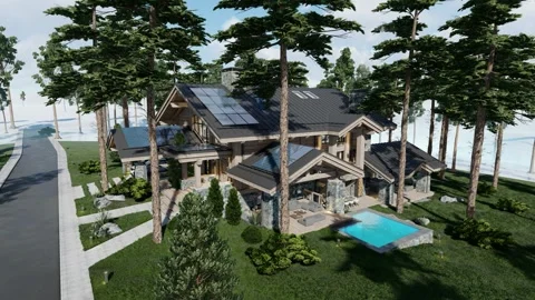 4K video rendering of Solar panels on the roof of modern cozy chalet Video stock 240302012