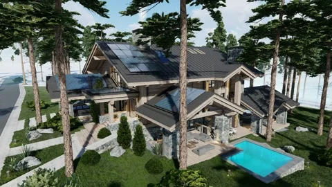 4K video rendering of Solar panels on the roof of modern cozy chalet Stock Footage 240628550