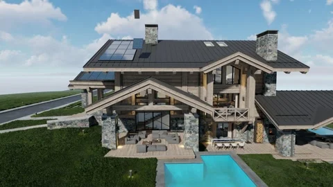 4K video rendering of Solar panels on the roof of modern cozy chalet Video stock 241231806