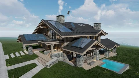 4K video rendering of Solar panels on the roof of modern cozy chalet Video stock 241231810