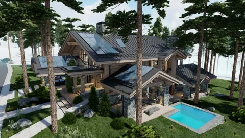 4K video rendering of Solar panels on the roof of modern cozy chalet Video stock 241582163