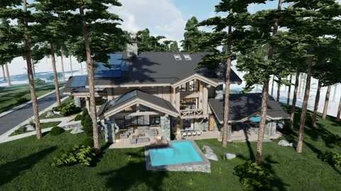 4K video rendering of Solar panels on the roof of modern cozy chalet Video stock 241582207
