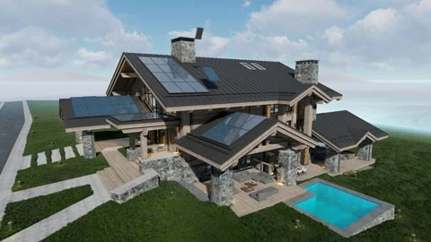 4K video rendering of Solar panels on the roof of modern cozy chalet Video stock 242031746