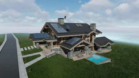 4K video rendering of Solar panels on the roof of modern cozy chalet Video stock 242031764