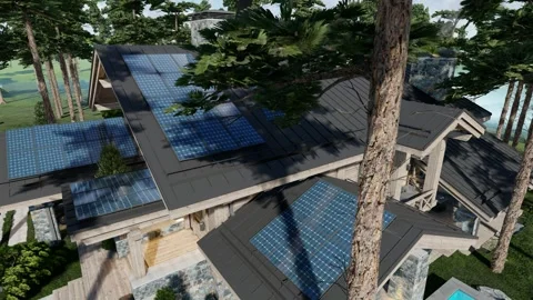 4K video rendering of Solar panels on the roof of modern cozy chalet Stock Footage 242496716