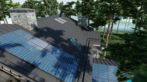 4K video rendering of Solar panels on the roof of modern cozy chalet Stock Footage 242496723