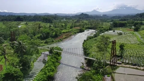 4k video of the suspension bridge connecting villages with views of rice fields Stock Footage 293603772