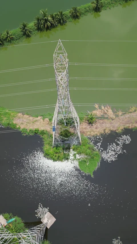 4K Video vertical aerial drone shot of high voltage pole in Thailand. 스톡 동영상 208763653