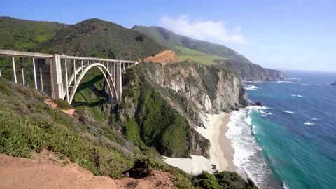 4k video. View of the Bixby Bridge and the Pacific Ocean in California Stock Footage 154354749