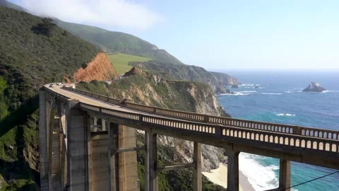 4k video. View of the Bixby Bridge and the Pacific Ocean in California Stock Footage 154355047