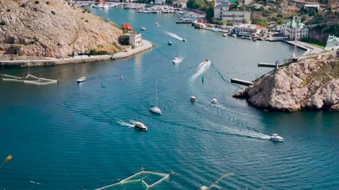4k video. View of yachts and boats in the bay in Balaklava, Crimea Stock Footage 161143496