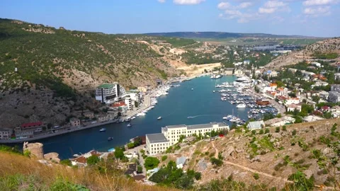 4k video. View of yachts and boats in the bay in Balaklava, Crimea Stock Footage 161143545