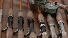 Vintage Fly Rods & Reels with Flat Lay d, Stock Video