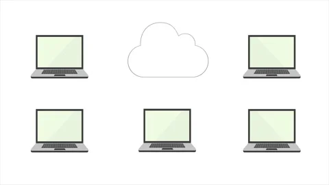 4k video where five computers are connected to one cloud. Video stock 135738839