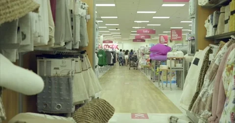 4K View of Aisle down the items / products with woman walking down Stock Footage 137264889