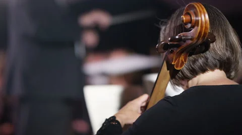 4K View from behind orchestra cellist with conductor in background Stock Footage 68691841