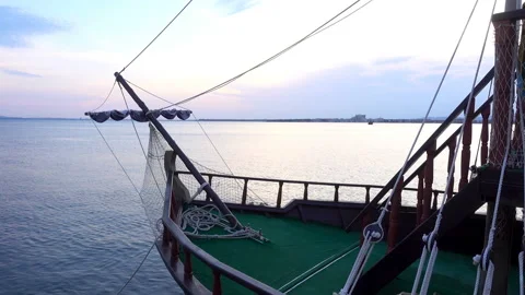 4K view of the bow of the ship with folded sails and a rope on the deck Stock Footage 114294264