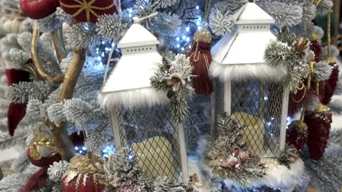 4K view of Christmas decorations lanterns with candles. Stock Footage 164376301