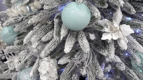 4K view of a Christmas tree decorated with blue Christmas balls Stock Footage 253115027