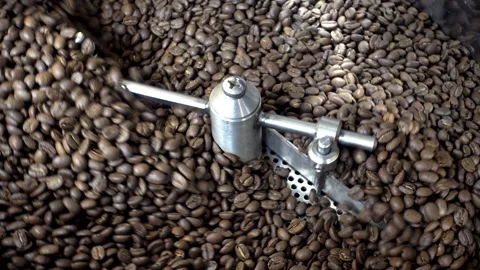 4K view of coffee beans of coffee roasters machine. Stock Footage 88784741