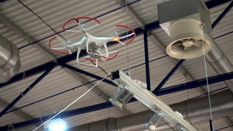 4K view of demonstration flight of a drone inside the building Stock Footage 87334385