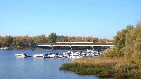 4k view of the Dnieper river, bridge and yachts. Kiev, Ukraine Stock Footage 120514275