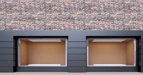 4k. the view of an empty shop window on brick wall background Stock Footage 76120278