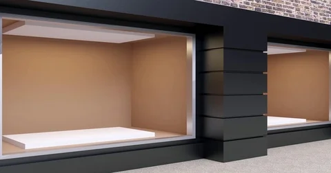 4k. the view of an empty shop window on red brick wall background Stock Footage 76120290