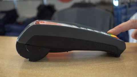 4k view of the finger pressing the buttons of the payment terminal Stock Footage 114294784
