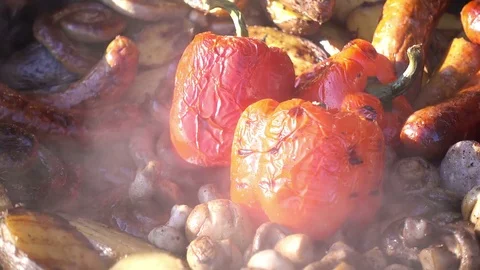 4k view of fried meat, vegetables and other food from street food stores Stock Footage 84714493