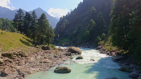 4K View of Green Mountain Valley with Flowing River Stock Footage 324559351