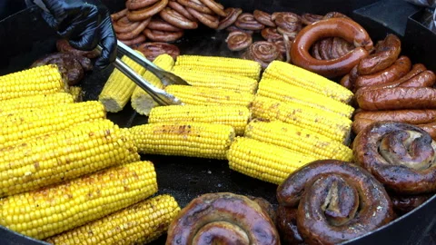 4k view of grilled corn on the counter with grilled sausages. Stock Footage 102916924