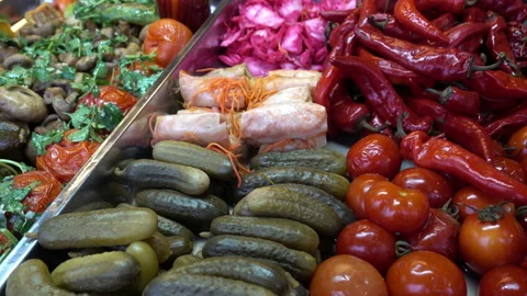 4K view of heaps of pickles, tomatoes and other vegetables Stock Footage 101826273