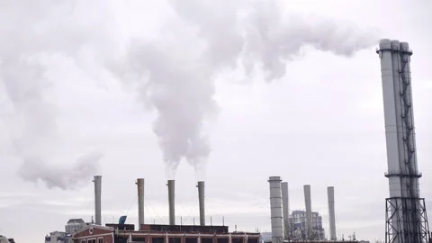 4K view of industrial pipes with thick smoke. Stock Footage 87090053