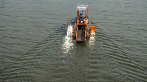 4K view of the machine cleans the water from algae. Stock Footage 187534633