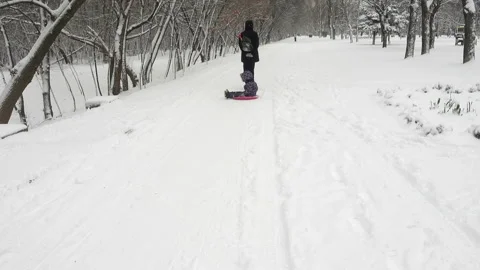 4k view of a man rolling a child on a sled through Stock Footage 164371958
