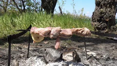 4K view of meat skewered Stock Footage 153656307