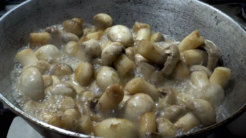 4K view of mushrooms roasting on a griddle. Stirring the mushroom Stock Footage 102916892