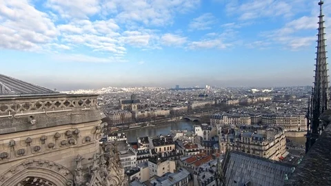 4K, View of Paris and Seine river from Notre Dame Cathedral on a winter day.-Dan Stock Footage 106908702