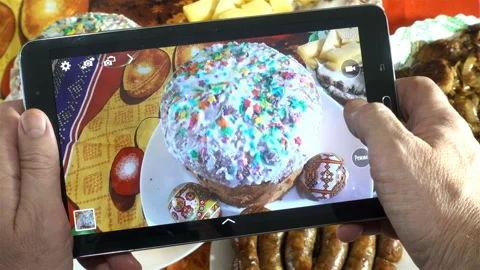 4K view of photographing Easter cakes and eggs Stock Footage 150153883