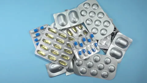 4K view of pills in blisters falling Video stock 143388840