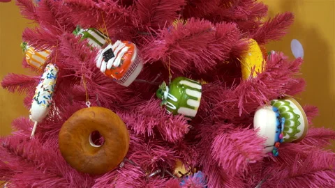 4K view of red christmas tree decorated with sweets toys Stock Footage 120513182