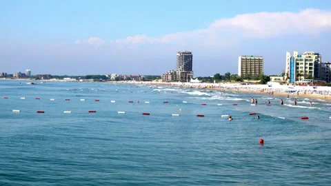 4K view of sandy beaches and buildings in the city of Sunny Beach Stock Footage 92815101