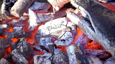 4K view of smoldering fire close-up. Small flame on the coals and ash Stock Footage 84481958